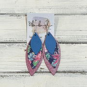 DOROTHY -  Leather Earrings  ||   <BR> MATTE PERIWINKLE, <BR> TROPICAL FLORAL ON NAVY BLUE, <BR> SHIMMER BUBBLEGUM PINK