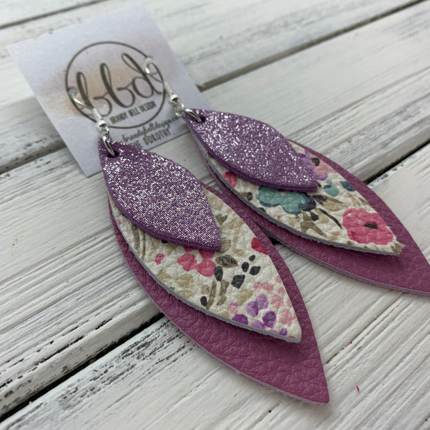 DOROTHY - Leather Earrings  ||  <BR> SHIMMER LILAC, <BR> PINK & PURPLE FLORAL ON WHITE, <BR> MATTE MAUVE