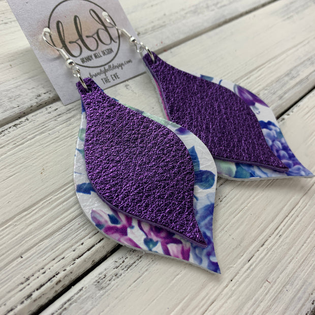 EVE - Leather Earrings  || <BR> METALLIC PURPLE PEBBLED, <BR> PURPLE & BLUE FLORAL