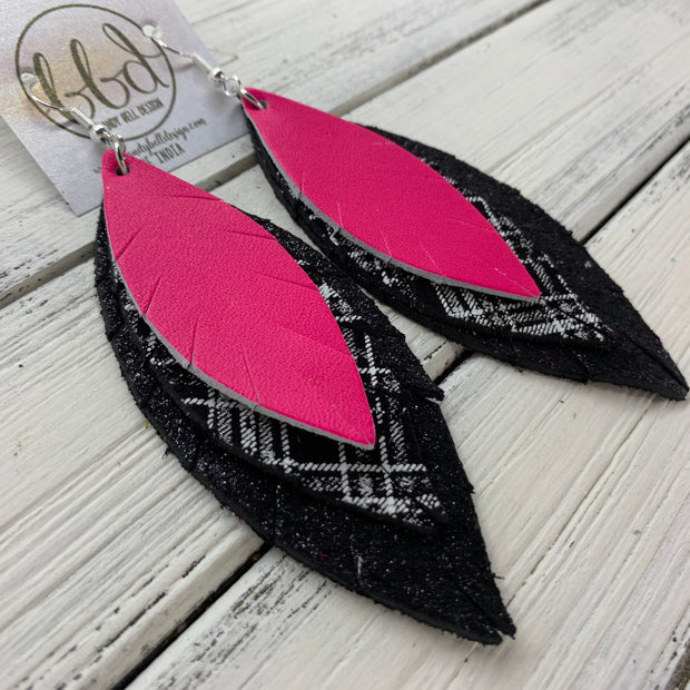 INDIA - Leather Earrings   ||  <BR>  NEON PINK,  <BR> BLACK & WHITE PLAID,  <BR> SHIMMER BLACK