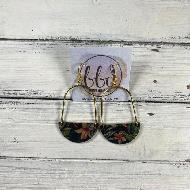 PIPER -  Leather Earrings  ||  <BR> TROPICAL FLORAL ON BLACK (LEATHER ON CORK)