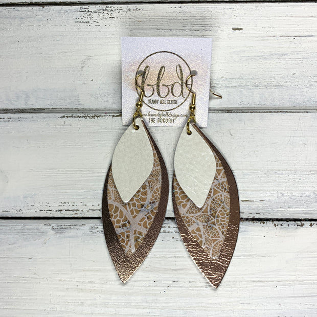 DOROTHY - Leather Earrings  ||  <BR> PEARL WHITE, <BR> LACE FAUX CORK (FAUX LEATHER), <BR> METALLIC ROSE GOLD SMOOTH