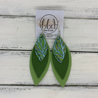 DOROTHY - Leather Earrings  || LEAVES ON AQUA, MATTE FERN GREEN, MATTE SPRING GREEN