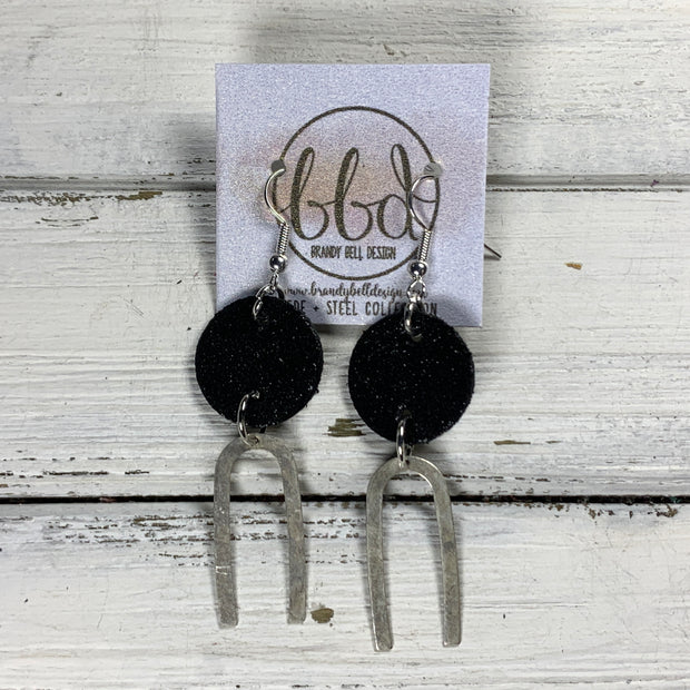 IRIS  ||  Leather Earrings || SILVER BRASS U-SHAPE, <BR> SHIMMER BLACK