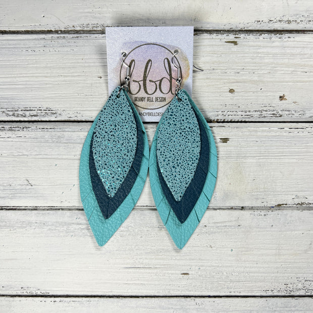 INDIA -  Leather Earrings  ||  <BR> SPARKLE AQUA, <BR> MATTE DARK TEAL, <BR> MATTE ROBINS EGG BLUE