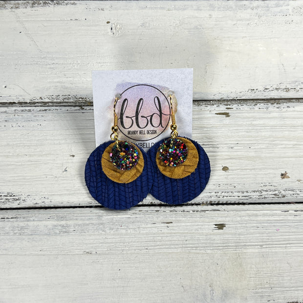 GRAY -  Leather Earrings  || <BR> GUMDROPS & LOLLIPOPS GLITTER (FAUX LEATHER), <BR> MUSTARD BRAID, <BR> COBALT BLUE PALMS