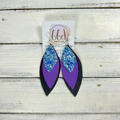 DOROTHY -  Leather Earrings  || <BR> OCEAN GLITTER (FAUX LEATHER), <BR> MATTE PURPLE, <BR> BLACK PALMS