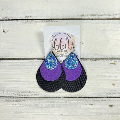 LINDSEY -  Leather Earrings  || <BR> OCEAN GLITTER (FAUX LEATHER), <BR> MATTE PURPLE, <BR> BLACK PALMS