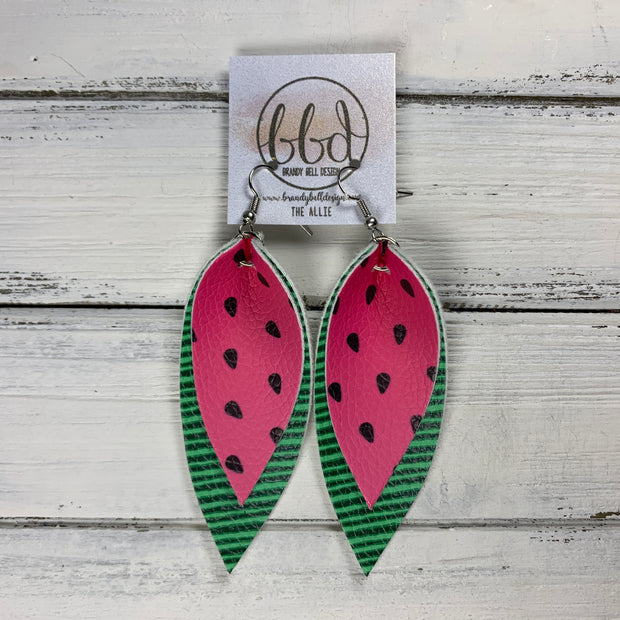 ALLIE -  Leather Earrings  ||  <BR> WATERMELON PINK (FAUX LEATHER),  <BR> WATERMELON RIND (FAUX LEATHER)