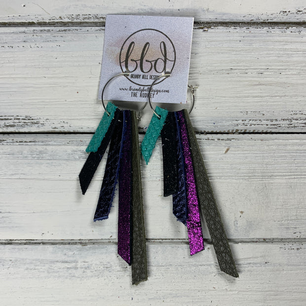 AUDREY - Leather Earrings  ||  PEARLIZED AQUA COBRA, SHIMMER BLACK, METALLIC NAVY PEBBLED, SHIMMER FUCHSIA, OLIVE GREEN