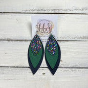 DOROTHY -  Leather Earrings  || <BR> FOREST GLITTER (FAUX LEATHER), <BR> MATTE EMERALD GREEN,  <BR> MATTE NAVY* BLUE