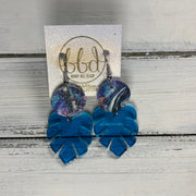 LIMITED EDITION PALM COLLECTION -  Leather Earrings  ||  <BR>  AQUA & PURPLE MARBLE ART, <BR> NEON BLUE PALM LEAF