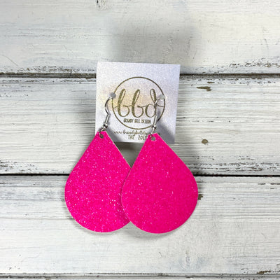 ZOEY (3 sizes available!) -  Leather Earrings  ||   NEON PINK FINE GLITTER (CORK ON LEATHER)