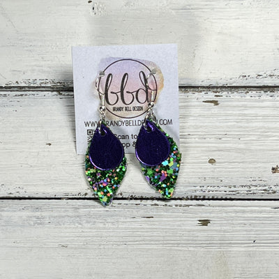 JEAN -  Leather Earrings  ||  <BR> METALLIC PURPLE , <BR> MIXED GREEN & PURPLE GLITTER (FAUX LEATHER)