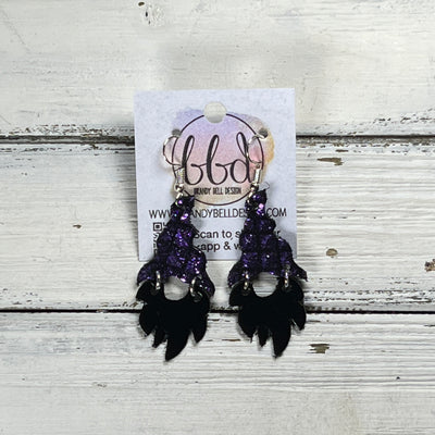 GNOME -  Leather Earrings  ||   <BR> PURPLE & BLACK MERMAID, <BR> METALLIC BLACK SMOOTH