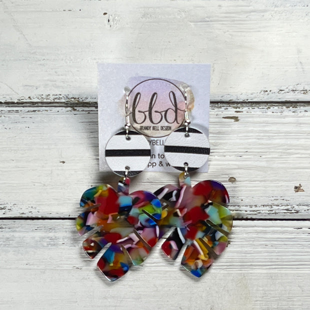 ACRYLIC PALM COLLECTION: LARGE PALM-  Leather Earrings  ||  <BR>  BLACK & WHITE STRIPE, <BR> MULTICOLOR PALM LEAF