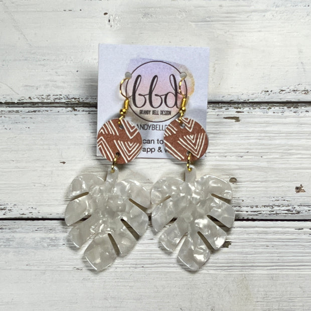 ACRYLIC PALM COLLECTION: LARGE PALM-  Leather Earrings  ||  <BR>  MUDCLOTH PRINT, <BR> WHITE PALM LEAF