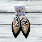 INDIA - Leather Earrings   ||  <BR>  CORAL FLORAL CHEETAH,  <BR> PEARLIZED OCHRE, <BR> SHIMMER BLACK