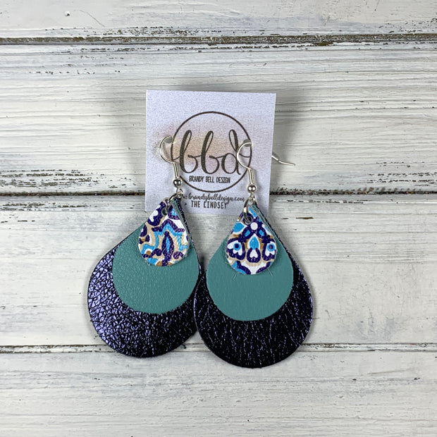 LINDSEY - Leather Earrings  ||   <BR> MORACCAN TILE, <BR> DUSTY AQUA,  <BR> METALLIC NAVY PEBBLED