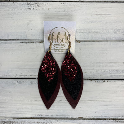 DOROTHY - Leather Earrings  ||  <BR> BURGUNDY GLITTER (FAUX LEATHER),  <BR> SHIMMER BLACK,  <BR> DISTRESSED ,MERLOT