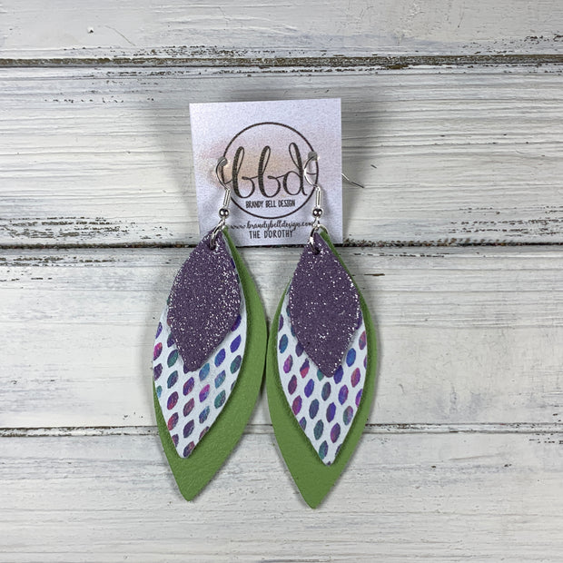 DOROTHY - Leather Earrings  ||  <BR>  SHIMMER LAVENDER, <BR> PASTEL RAINDROPS, <BR> MATTE SPRING GREEN