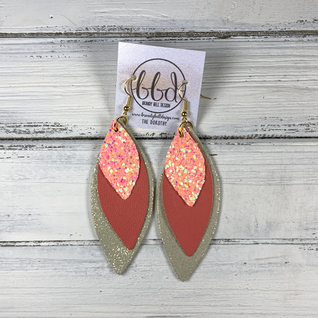 DOROTHY - Leather Earrings  ||  <BR>  PEACH GLITTER (FAUX LEATHER), <BR> MATTE SALMON, <BR> SHIMMER GOLD