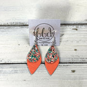 JEAN -  Leather Earrings  ||  AQUA & CORAL GLITTER (FAUX LEATHER), <BR> NEON ORANGE SAFFIANO