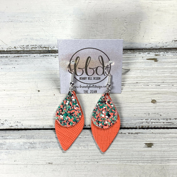 JEAN -  Leather Earrings  ||  AQUA & CORAL GLITTER (FAUX LEATHER), <BR> NEON ORANGE SAFFIANO