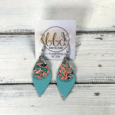 JEAN -  Leather Earrings  ||  AQUA & CORAL GLITTER (FAUX LEATHER), <BR> ROBINS EGG BLUE