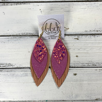 DOROTHY -  Leather Earrings  ||  RASPBERRY FIZZ GLITTER (FAUX LEATHER), <BR> SHIMMER PINK, <BR> PEACH PALMS