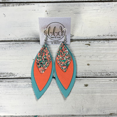 DOROTHY -  Leather Earrings  ||  AQUA & CORAL GLITTER (FAUX LEATHER), <BR> NEON ORANGE SAFFIANO, <BR> ROBINS EGG BLUE