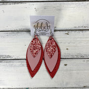 DOROTHY -  Leather Earrings  ||  PINK & RED GLITTER (FAUX LEATHER), <BR> MATTE PINK, <BR> RED BRAID