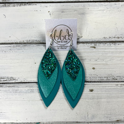 DOROTHY -  Leather Earrings  || EMERALD BAY (FAUX LEATHER), <BR> PEARLIZED AQUA, <BR> MATTE TURQUOISE SMOOTH