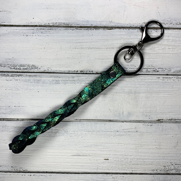 BRAIDED KEYCHAIN - Leather Braided Keychain  ||  IRIDESCENT SHIMMER GREEN/GOLD